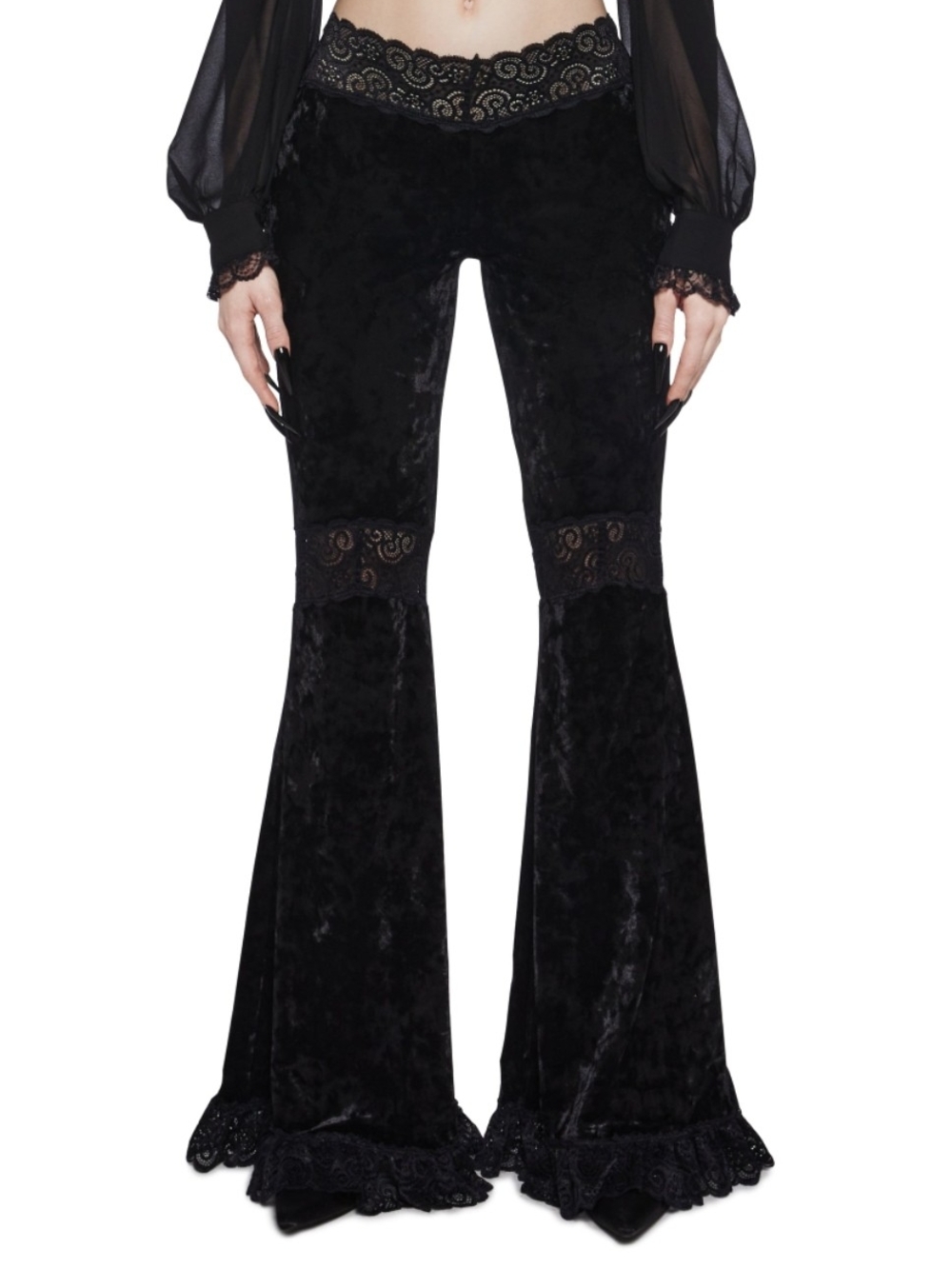 Dolls Kill Black Velvet Lace-Trim Flare Pants